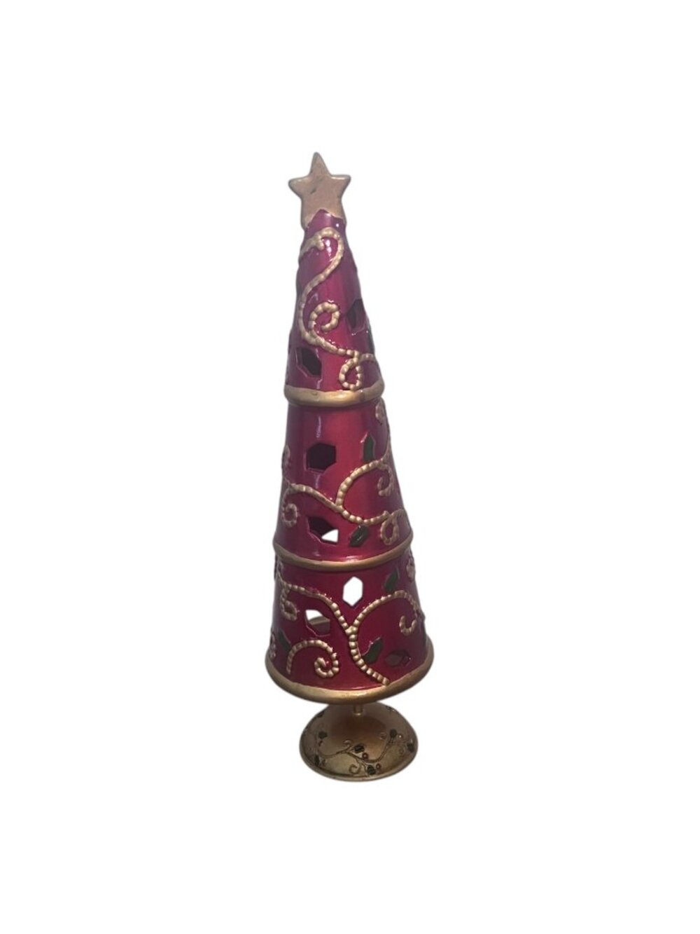 Home Interiors Red Gold Christmas Tree Tealight Candle Holder Luminary 12 Inch